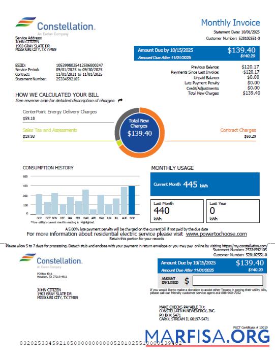 Printable USA Constellation utility bill template in Word and PDF formats, version 2